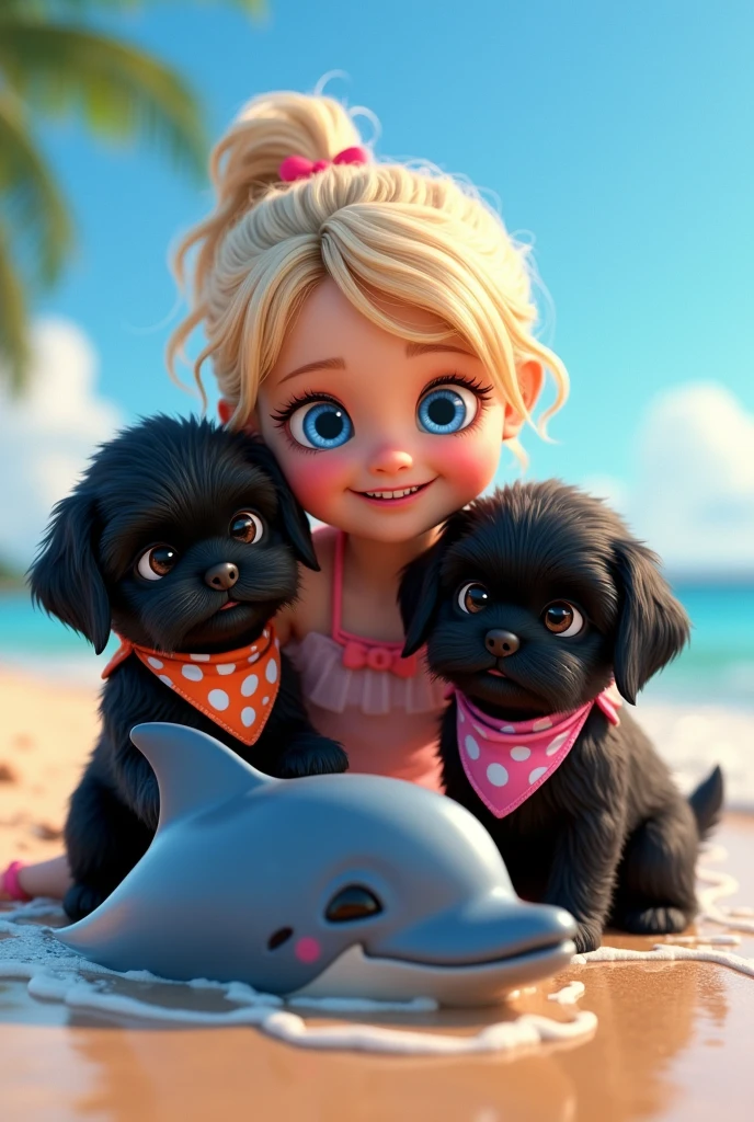 2 cute adorable black shih tzu puppies,cute blonde girl,extremely detailed big blue eyes,wearing colorful collar and bandana,playing with cute dolphin,3D Pixar style,at beach,photorealistic,(best quality,8k,highres,masterpiece:1.2),ultra-detailed,(realistic:1.37),HDR,vivid colors,studio lighting