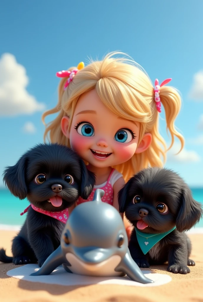 2 cute adorable black shih tzu puppies,cute blonde girl,extremely detailed big blue eyes,wearing colorful collar and bandana,playing with cute dolphin,3D Pixar style,at beach,photorealistic,(best quality,8k,highres,masterpiece:1.2),ultra-detailed,(realistic:1.37),HDR,vivid colors,studio lighting
