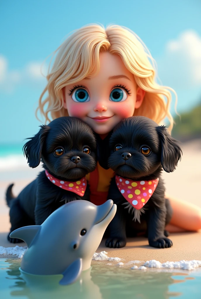 2 cute adorable black shih tzu puppies,cute blonde girl,extremely detailed big blue eyes,wearing colorful collar and bandana,playing with cute dolphin,3D Pixar style,at beach,photorealistic,(best quality,8k,highres,masterpiece:1.2),ultra-detailed,(realistic:1.37),HDR,vivid colors,studio lighting