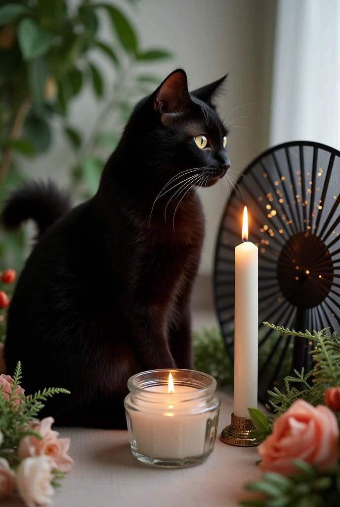 BLACK CAT SITTING WHAKING ITS TAIL LOOKING AT A LIT WHITE CANDLE, NEXT TO THE CANDLE A GLASS BOWL WITH WATER AND A BLACK FAN WITH SPARKLES AND PLANTS AND FLOWERS AROUND THE BLACK CAT