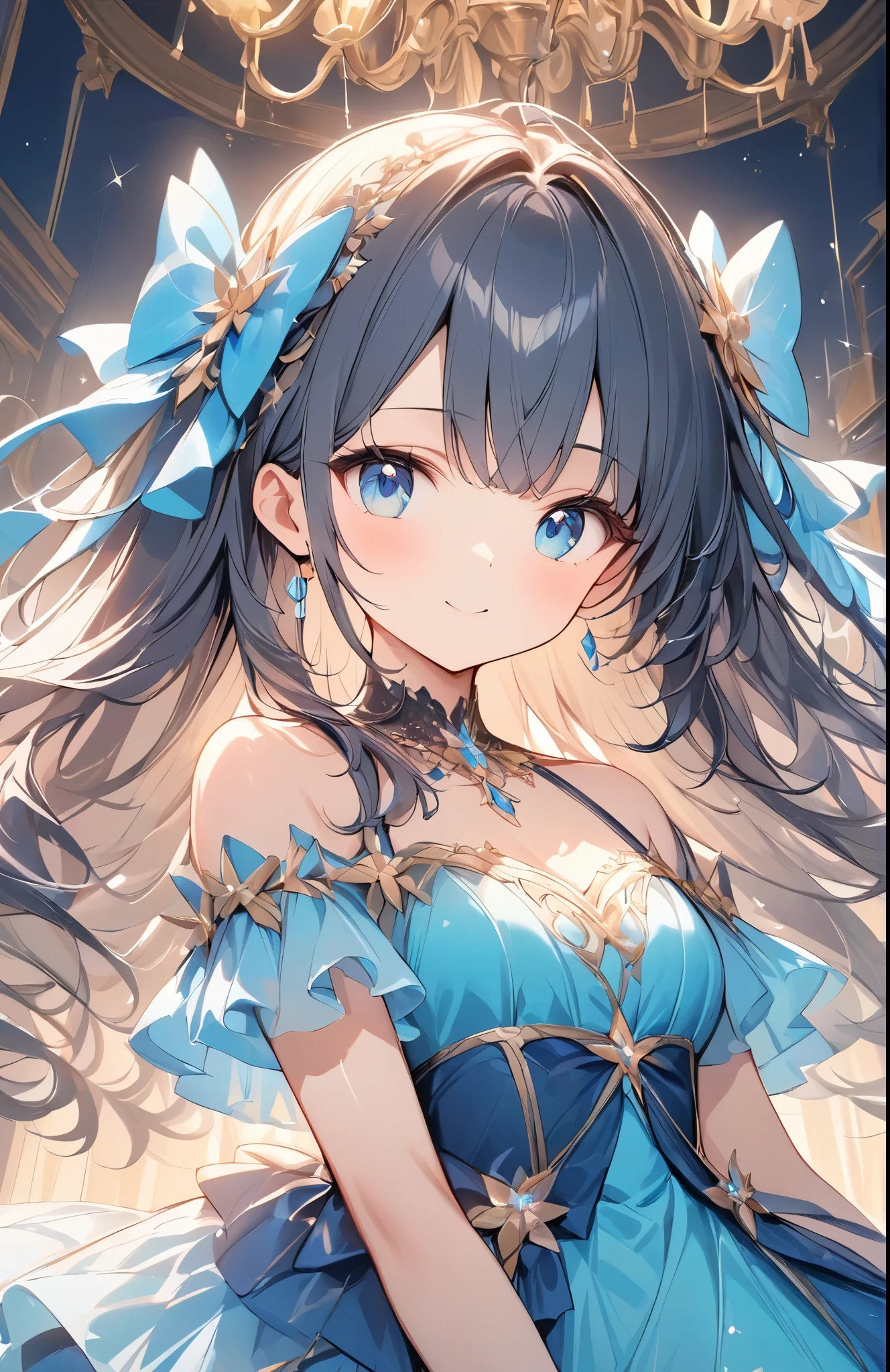((Amazingly absurd)),超High resolution, Attention to detail, high quality, High resolution, 最high quality, 4K, 8k,close-up,Cute girl、Night Ball、A princess who dances、((Beautiful dress))、chandelier、Glowing lighting,(Sparkling particles),(Deep blue dress)