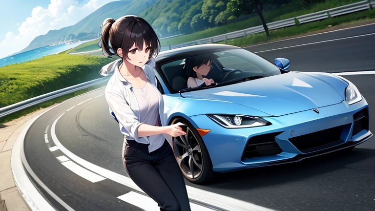 A lightly dressed woman rides in an open car、Please draw an illustration of someone running along a road by the sea.。The woman&#39;s expression is cheerful、In the background you can see the white sand beach and the crashing waves of the ocean.。Expresses a scene that captures a refreshing summer moment.。