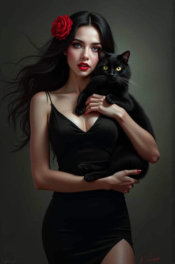 Woman with black hair and a rose in her hair, wearing red lipstick and a black dress, holding a black cat 