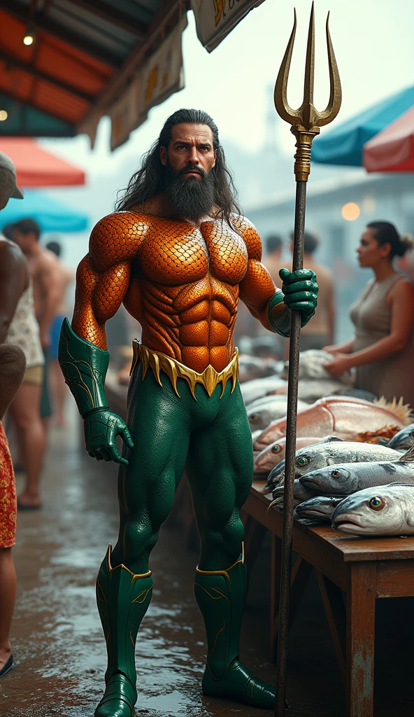 La qualité de l'image est réaliste, Aquaman, le super-héros de DC, vend du poisson.