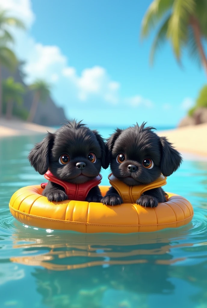 2 adorable black shih tzu puppies, cute blonde girl, extremely detailed, beautiful detailed eyes, beautiful detailed lips, longeyelashes, wearing colorful collar and life jacket, floating on raft, 3D Pixar style, at beach, photorealistic, (best quality,8k,highres,masterpiece:1.2),ultra-detailed,(realistic:1.37),HDR,vivid colors,studio lighting