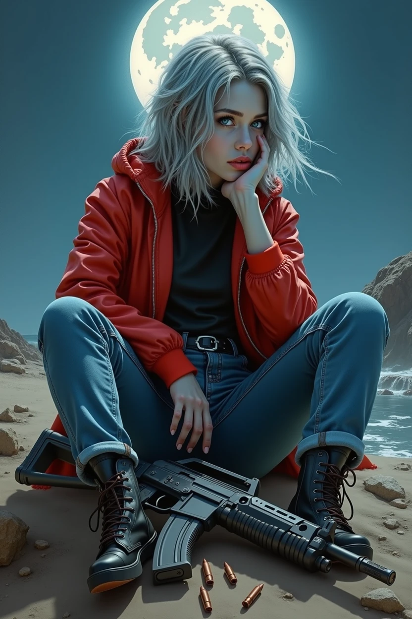 (science fiction fantasy), (masterpiece), (professional oil painting) (Best Quality), (8k resolution), (1 beautiful girl), ((pale gray skin)), (iron gray skin), ((denim clothing)),(Red jacket)), ((black t-shirt underneath), ((Red lipstick)), ((black sneakers)), (Conceptual art), small chest, (by the wide), (messy hair), (by white), (iron gray hair), ((with futuristic weapon)), (ammunition), ((night moonlight)), (sitting thinking))