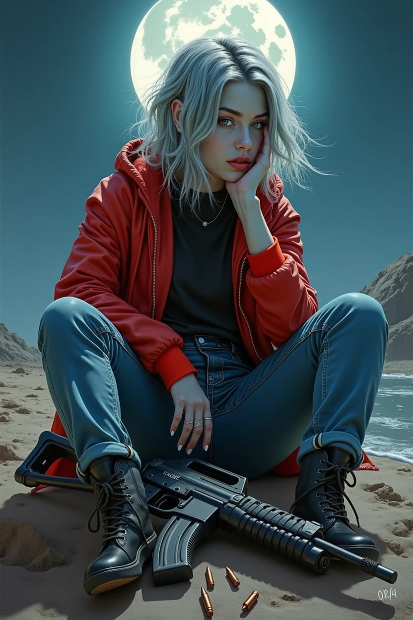 (science fiction fantasy), (masterpiece), (professional oil painting) (Best Quality), (8k resolution), (1 beautiful girl), ((pale gray skin)), (iron gray skin), ((denim clothing)),(Red jacket)), ((black t-shirt underneath), ((Red lipstick)), ((black sneakers)), (Conceptual art), small chest, (by the wide), (messy hair), (by white), (iron gray hair), ((with futuristic weapon)), (ammunition), ((night moonlight)), (sitting thinking))