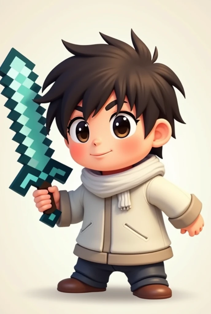 Minecraft chibi boy wears a white scarf and wears a white sweater and uses a minecraft diamond sword and 