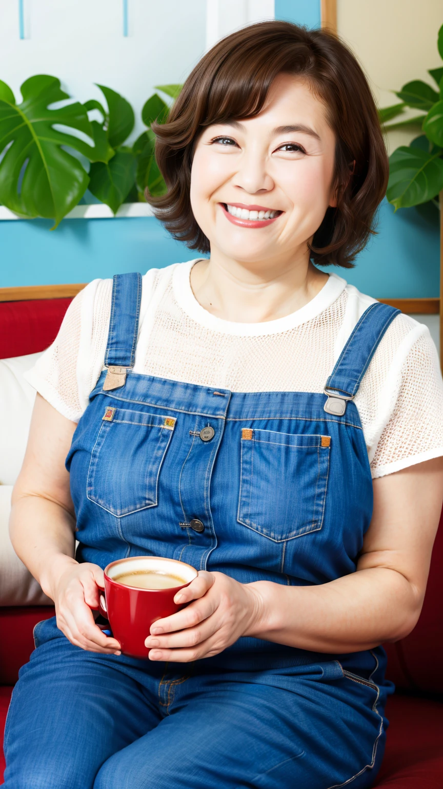 8k wallpaper, masterpiece, Highest quality, Very detailed, One Mature Woman, 50 years old, Become very clear, Wearing a short-sleeved knit, Skin dents, Captivating smile, Looking at the audience, No lapel microphone, Plump, Curvaceous, Attractive face, Smiling with teeth showing, I was happy, sitting in a cafe, Background Blur