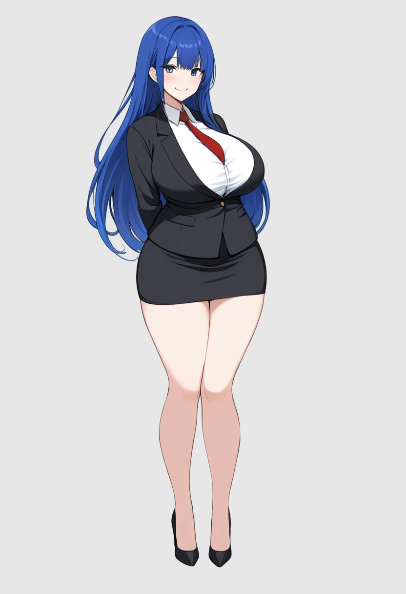 1girl, solo, long royal blue hair, hair bangs,  standing, sharp outline, black blazer, white shirt, red tie, black pencil skirt, busty, thick thighs, wide hips, big soft thighs, black high heels, full body shown, white background, short height, round head, simple eyes, round face, long fingernails, thick thighs pressed together, smug expression, smug, smirk, grin, teasing, blue eyes