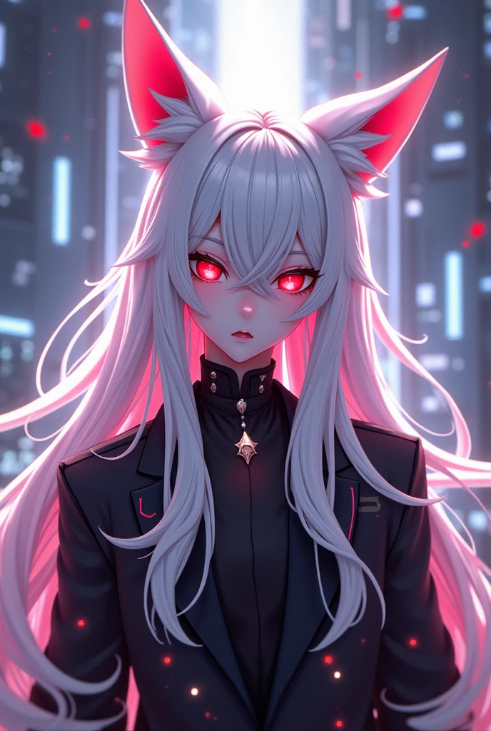 Male Vtuber model with white fox hair and ears and red eyes 