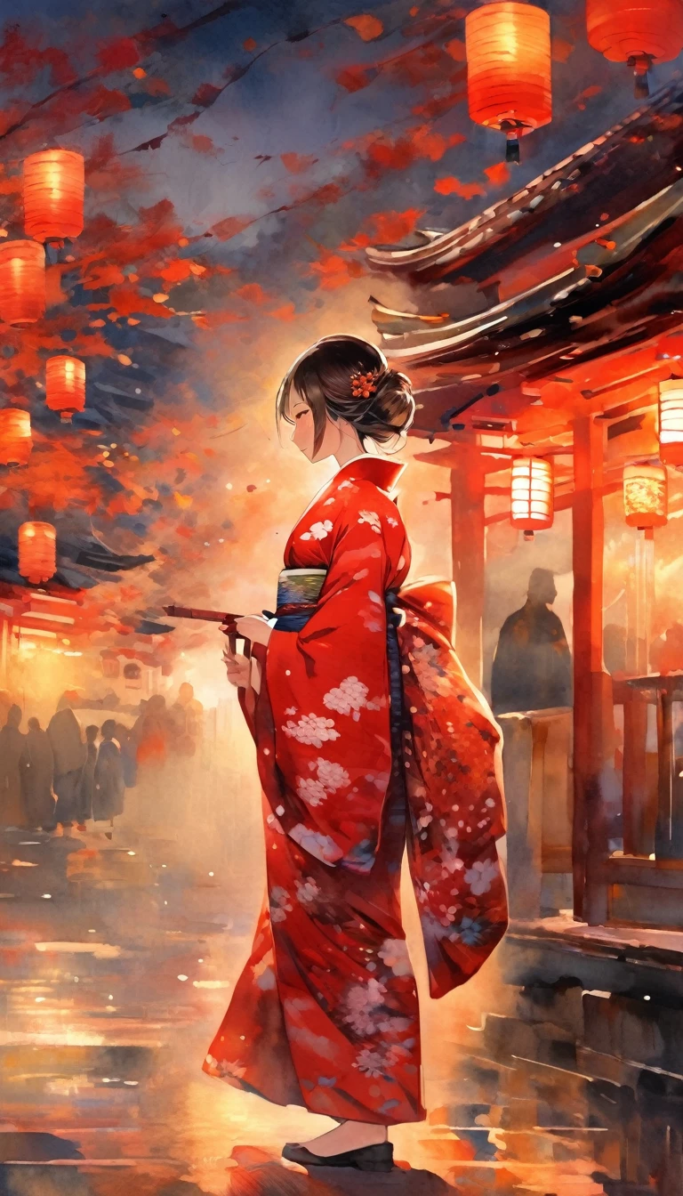 A girl in an autumnal Japanese dress、Crimson kimono、night
