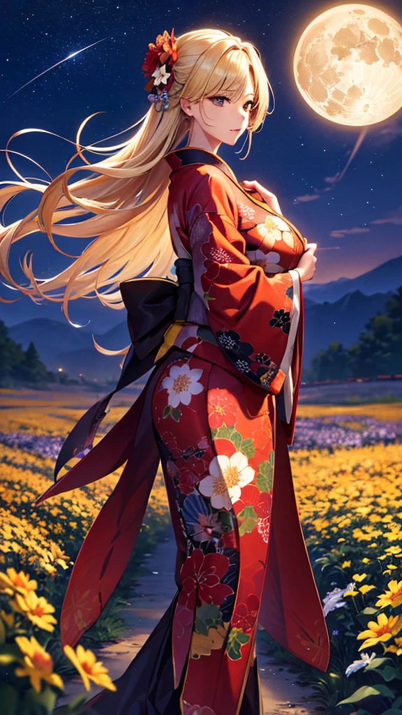 masterpiece, high quality, 4K, Beautiful design, silhouette,blonde, 非常に詳細な夜のStarry Sky,Flower Field, wonderful, Finer details, Very knowledgeable woman, Highly detailed solo, 1 female,Big Breasts,A red kimono,Night view,Starry Sky,full moon,