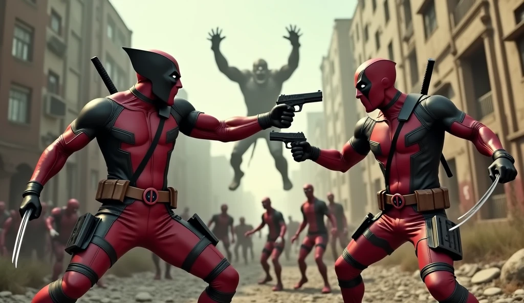 Wolverine and Deadpool are fighting against a zombie horde in a ruined city. Deadpool is shooting zombies with dual pistols while Wolverine is using his sonic powers to attack a giant zombie. Action movie style