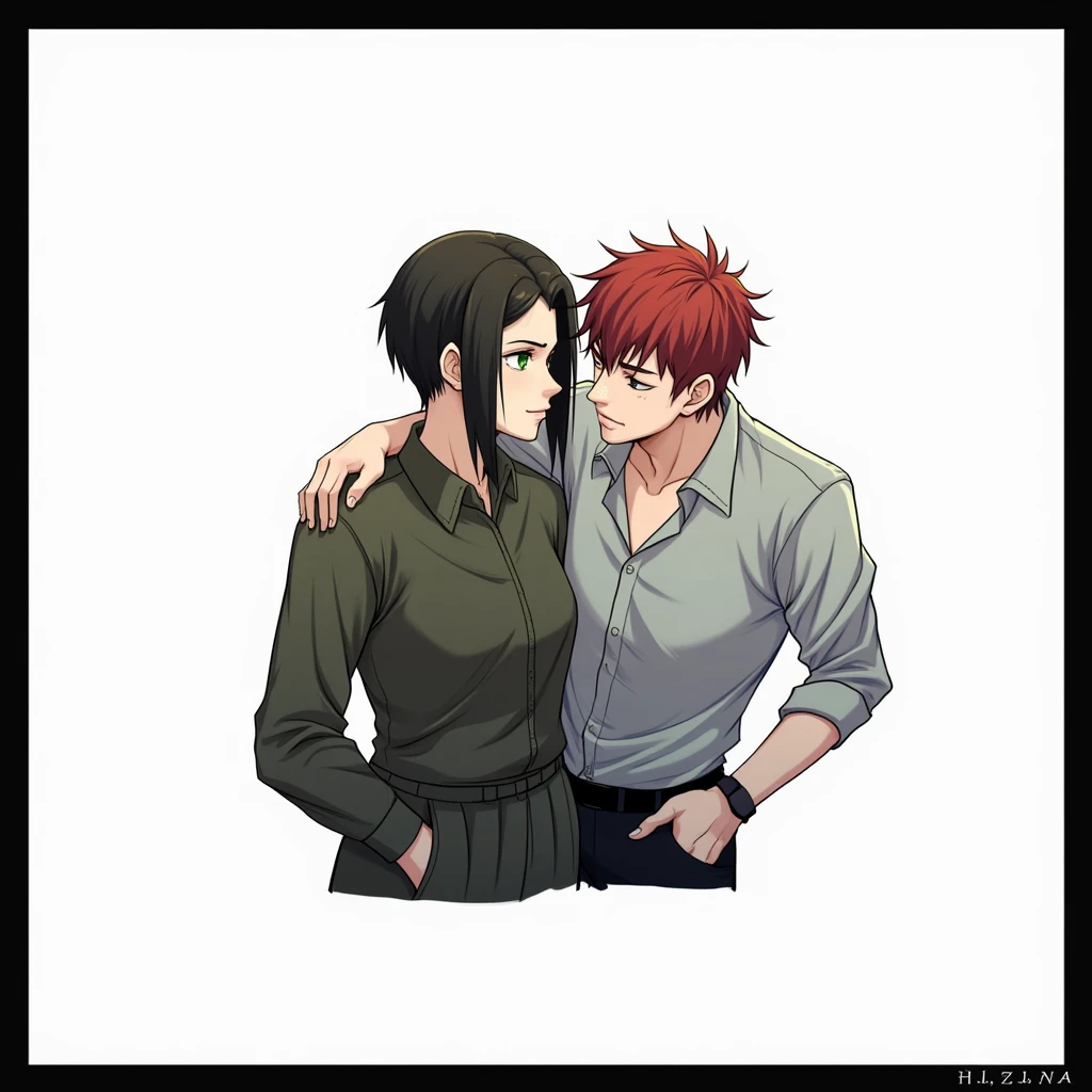 2 people, Guy with red hair, green eyes, Freckles, hugs a woman with very short black hair, serious face, black eyes, anime art, realistically, masterpiece, Beautiful