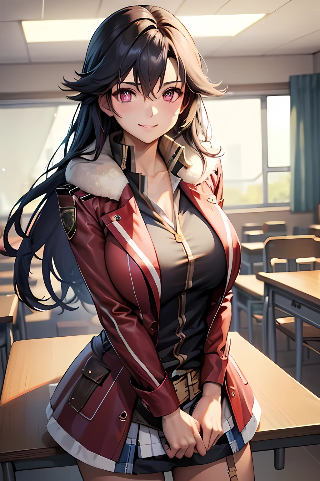 masterpiece, mischievous smile, light blush, looking at viewer, huge breasts, sexy pose, female rean schwarzer, long hair, red coat, fur trim, black shirt, brown belt, blue denim skirt, detailed white classroom in the background