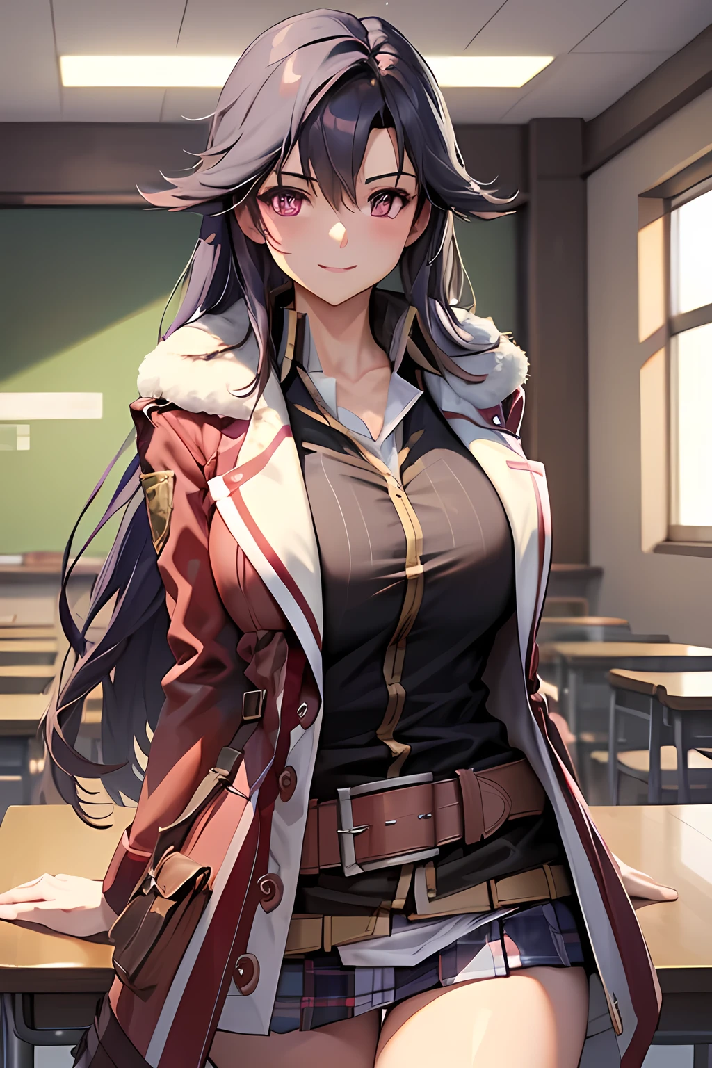 masterpiece, mischievous smile, light blush, looking at viewer, huge breasts, sexy pose, female rean schwarzer, long hair, red coat, fur trim, black shirt, brown belt, blue denim skirt, detailed white classroom in the background