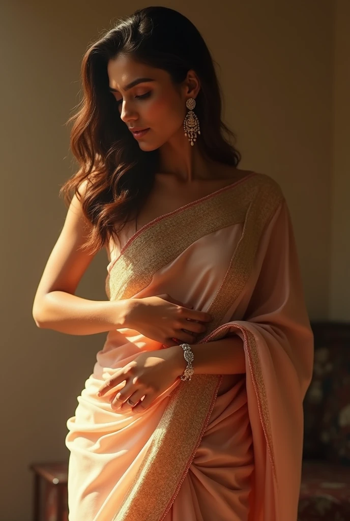 Kriti sanon in saree, relaxed pose, aesthetic, adjusting saree, showing hips navel
