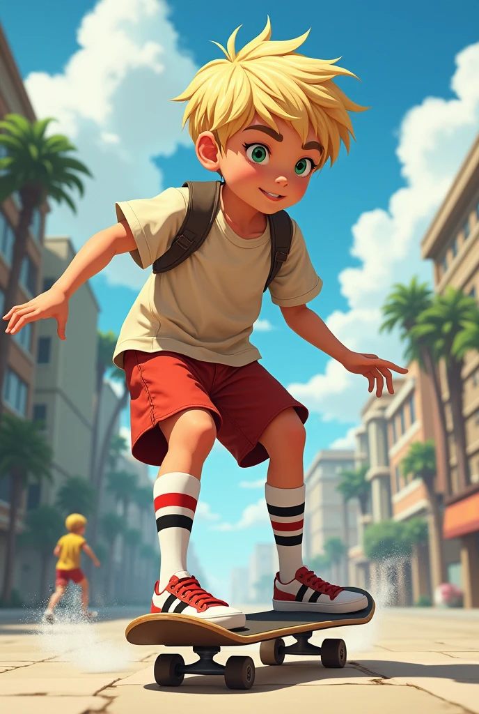 Boy with white long socks skateboarding. He is wearing shorts and the socks have a red, black and red stripe.. The hair is short and blonde