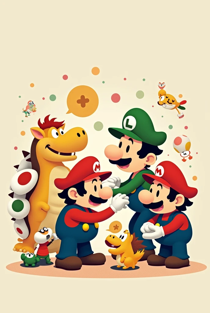 All the characters of Mario bros all cough, abstract cartoon with not so many colors for children not realistic