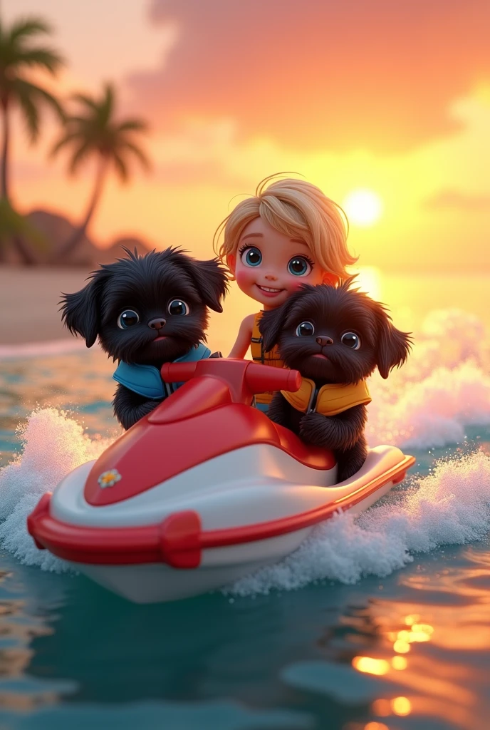 2 adorable black shih tzu puppies,cute blonde girl,extremely detailed,big blue eyes,colorful collar and life jackets,riding jet ski,3D Pixar style,at beach,sunrise in background,photorealistic,(best quality,8k,highres,masterpiece:1.2),ultra-detailed,(realistic:1.37),HDR,vivid colors,studio lighting
