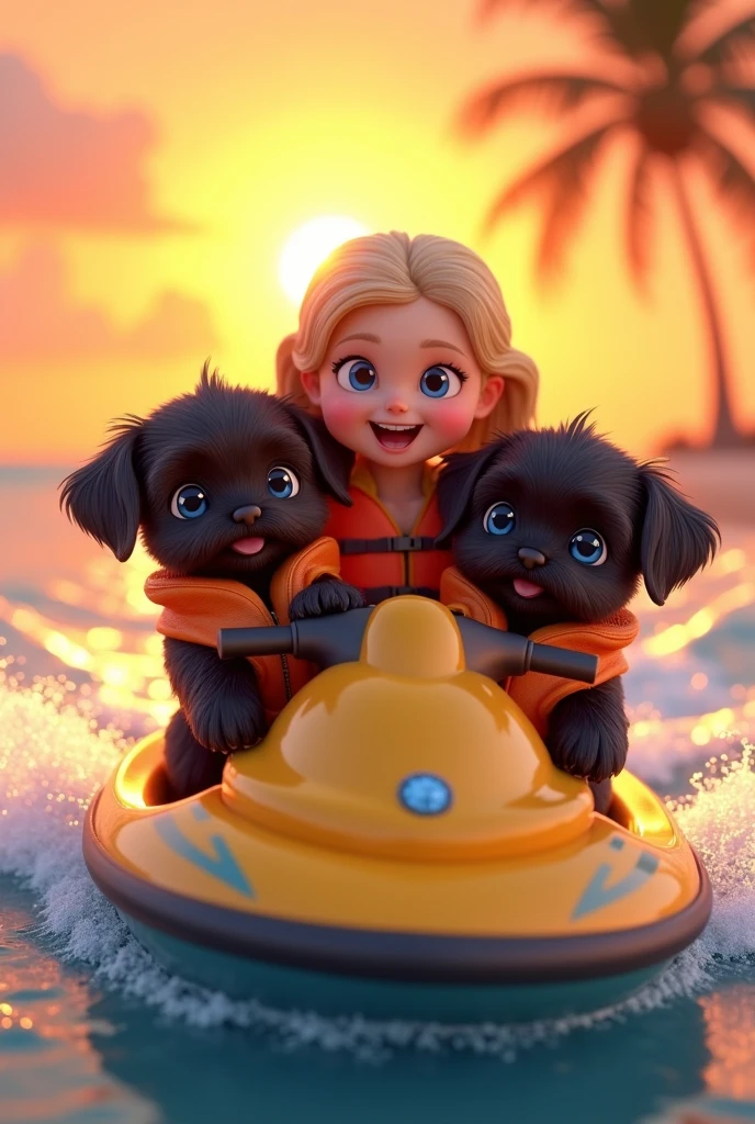2 adorable black shih tzu puppies,cute blonde girl,extremely detailed,big blue eyes,colorful collar and life jackets,riding jet ski,3D Pixar style,at beach,sunrise in background,photorealistic,(best quality,8k,highres,masterpiece:1.2),ultra-detailed,(realistic:1.37),HDR,vivid colors,studio lighting