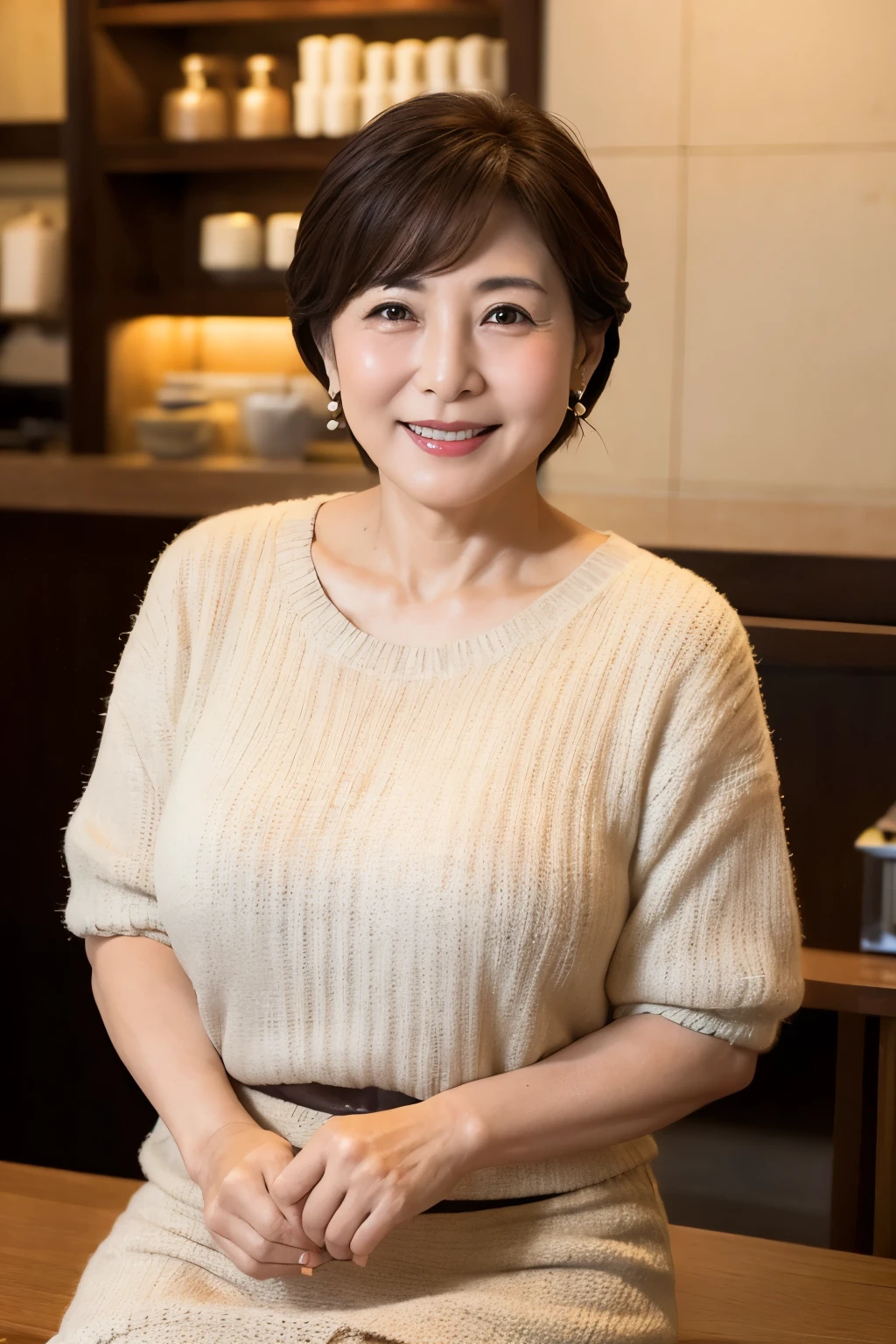 Osaka's aunt、Organic Photography、Highest quality、masterpiece、Ultra-high resolution、Beautiful Japanese old lady、60 years old、Looking at the audience、Elegant face、Smiling with teeth showing、Big Breasts、Wearing a plain short-sleeved knit、Short Hair、mini skirt、Earrings、A corner of a coffee shop, Background Blur