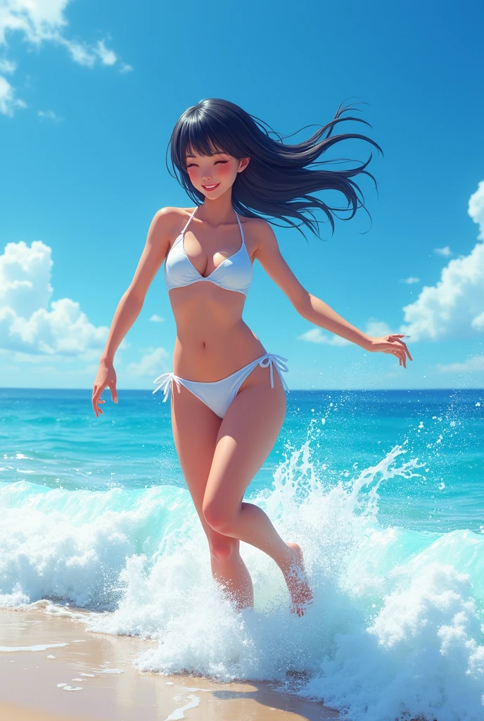 A summer day with blue skies、A beautiful girl in a white bikini is playing happily at the beach。Her black hair is medium long、Swaying lightly on the wind。The sunlight reflects off the surface of the sea、Sparkling splashes of water surround her。

She runs around playing with the waves、sometimes、Jump towards the sea。Every time a splash rises、The light reflects off of it, creating a sparkle that looks like a small rainbow.。The scene is、It&#39;s like a painting that captures every moment of summer.。

Her smile shines brighter in the sunlight、Her beauty stands out every time her black hair flutters in the wind。Her movements are light and、It feels so natural and fun, like you&#39;re part of the wave.。

Every time the waves wash over my feet、She laughs happily。Her black hair fluttering in the wind、The way it sways in the light、It's as beautiful as a scene from a movie.。Drops of water dripping on my hair、The way it shines in the sunlight、It&#39;s like a jewel。

The moment she plays with the waves、I feel as if time has stopped.。The sound of the sea、The sound of the wind、Her laughter mixed in、It plays a beautiful symphony that colors a summer day.。

Like this、If you describe a scene where a beautiful girl with medium-long black hair is playing on the beach wearing a white bikini,、Her hair movement and the sunlight reflections come to life.。