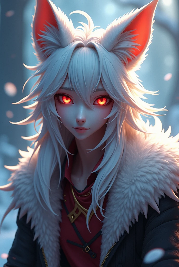 Male Vtuber model with white fox hair and ears with red eyes 