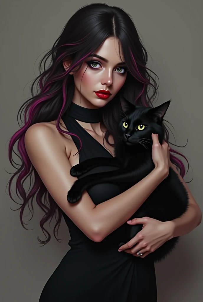 Brunette woman with black hair with pink in her hair with red lipstick and black dress holding a black cat 

