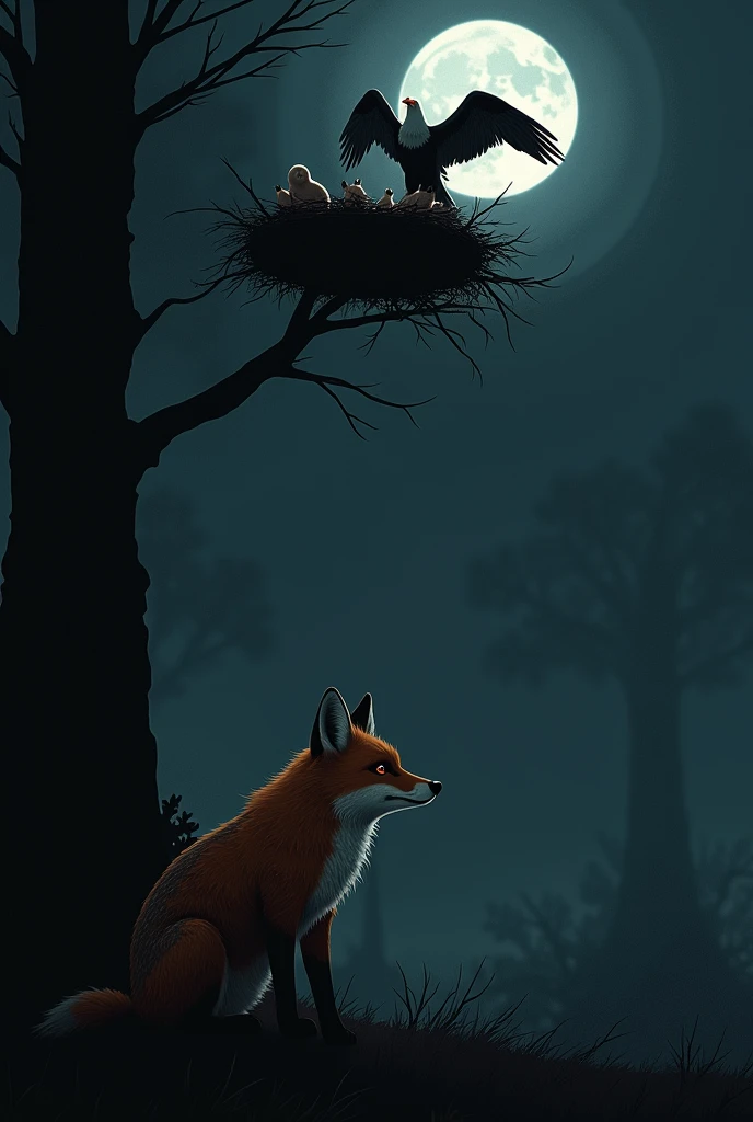 Fox is sad face Infront the tree where the eagle is eating Fox cubs  from above her nest background is black  moon night and  video aspect ratio 16.9