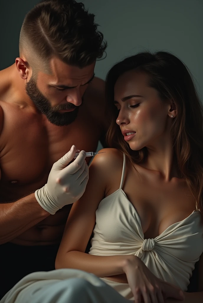 Here’s a detailed prompt for the scene where a bodybuilder is giving an injection to a very attractive woman who is crying:

**Prompt:**

A bodybuilder, with a strong and defined physique, is administering an injection to a very attractive woman. The woman, dressed in a stylish outfit, is visibly distressed, with tears streaming down her face. The bodybuilder’s expression is focused and determined, contrasting sharply with the woman's emotional reaction. The background should be neutral or softly blurred to keep the focus on the intense and emotional interaction between the two characters.