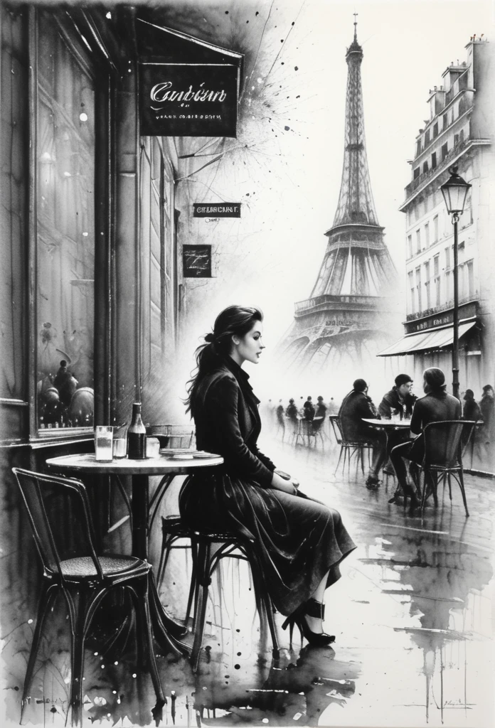 Charcoal drawing, crayons, black pencil drawing, pencil drawing, black and white drawing, graphite drawing, Poster, close-up, Full length, stunningly beautiful young woman sitting in a Parisian street cafe, portrait by Willem Henraets, watercolor, wet-on-wet and splatter technique, center, perfect composition, abstraction, surrealism Charcoal drawing, painting in the style of artists such as Russ Mills, Sakimichan, Vlop, Leush, Artgerm, Darek Zabrocki and Jean-Baptiste Monge,