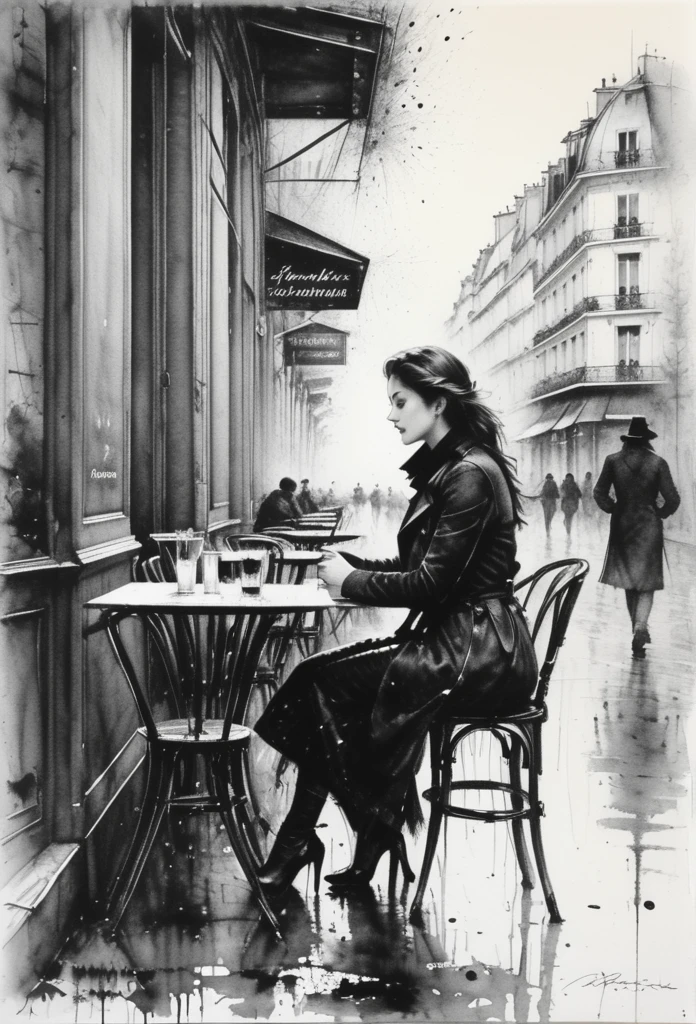 Charcoal drawing, crayons, black pencil drawing, pencil drawing, black and white drawing, graphite drawing, Poster, close-up, Full length, stunningly beautiful young woman sitting in a Parisian street cafe, portrait by Willem Henraets, watercolor, wet-on-wet and splatter technique, center, perfect composition, abstraction, surrealism Charcoal drawing, painting in the style of artists such as Russ Mills, Sakimichan, Vlop, Leush, Artgerm, Darek Zabrocki and Jean-Baptiste Monge,