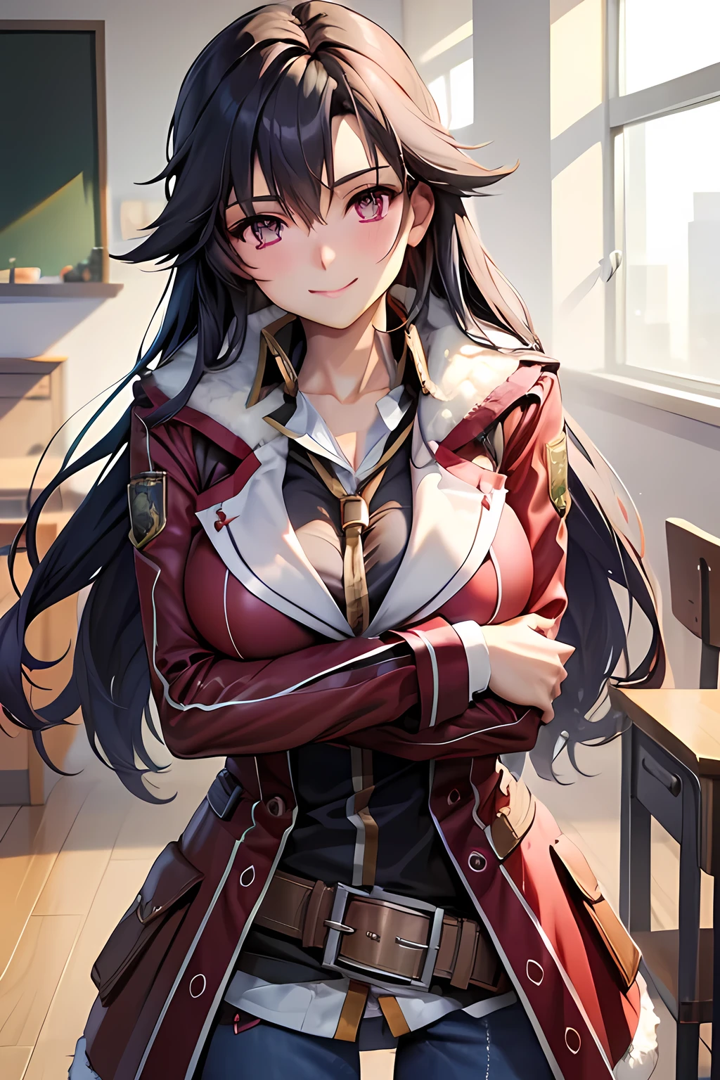 masterpiece, mischievous smile, light blush, looking at viewer, huge breasts, sexy pose, female rean schwarzer, long hair, red coat, fur trim, black shirt, brown belt, blue denim skirt, detailed white classroom in the background