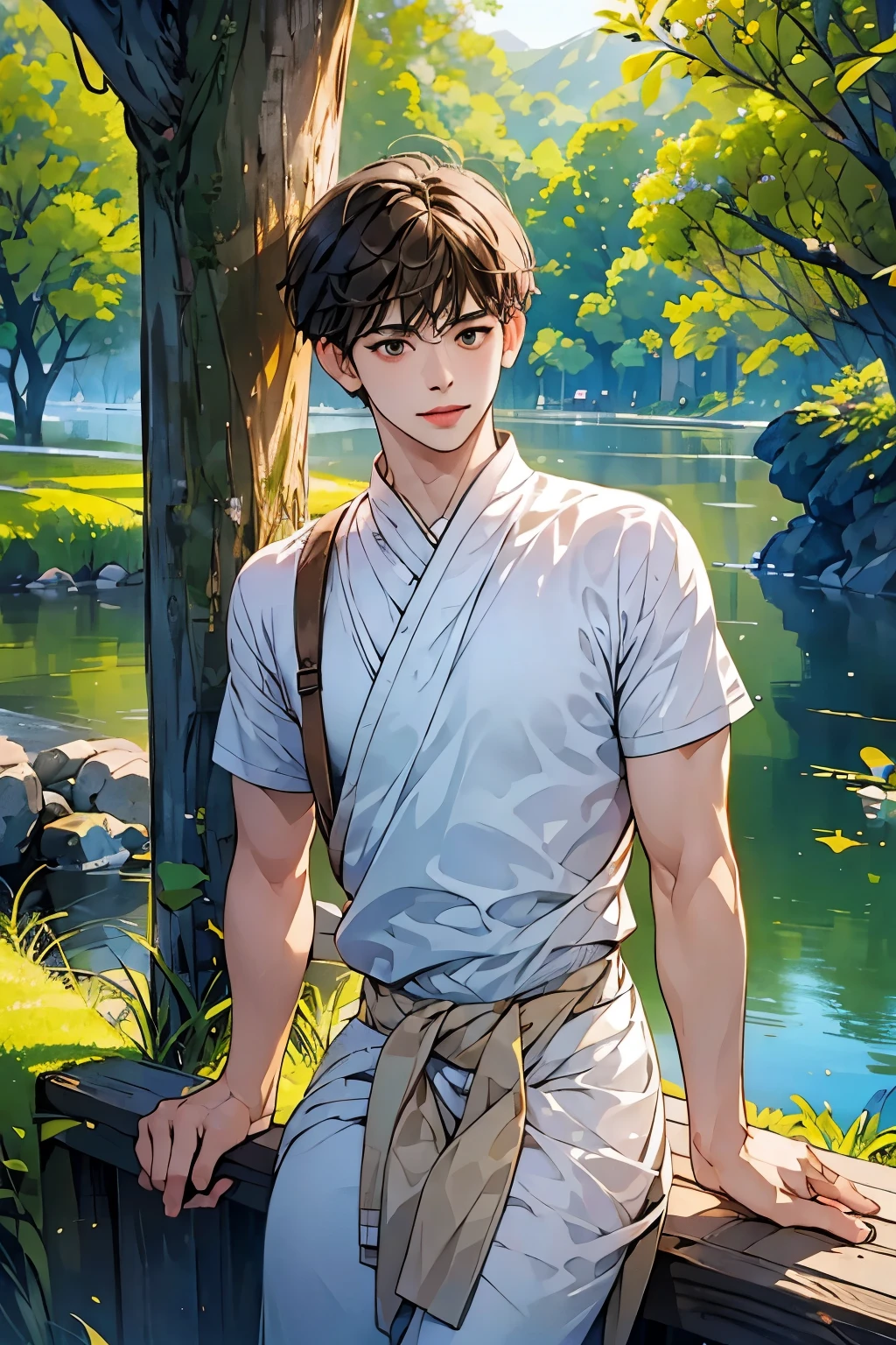 (in 8K、Highest quality、Masterpiece:1.2)、1 boy、short hair、short hair、brown skin、Green View、