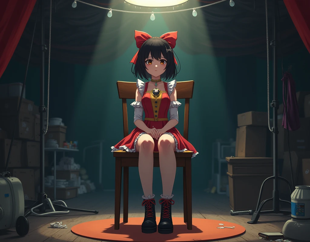 cute anime woman in a circus performer costume, sitting on a chair, in the circus back room, alone, neutral face, medium length hair.