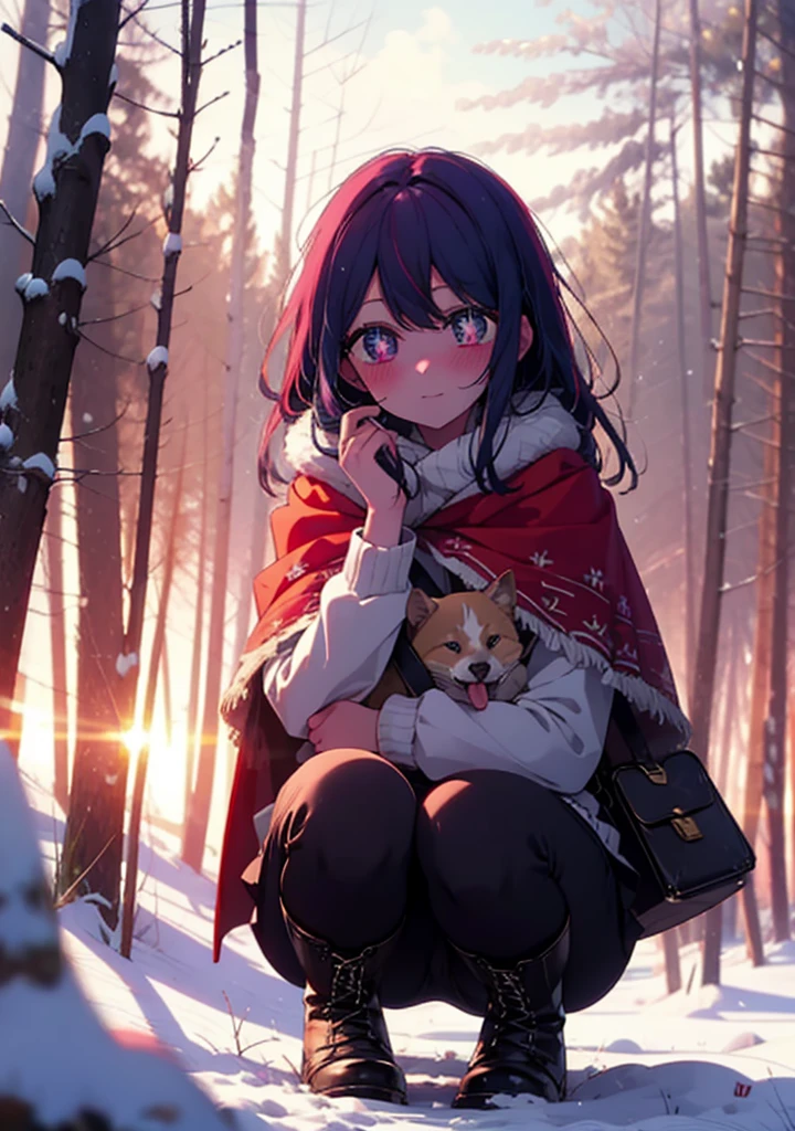aihoshino, Ai Hoshino, Long Hair, bangs, (Purple eyes:1.1), Purple Hair, (Symbol-shaped pupil:1.5), smile,,smile,blush,white breath,
Open your mouth,snow,Ground bonfire, Outdoor, boots, snowing, From the side, wood, suitcase, Cape, Blurred, , forest, White handbag, nature, Squat, Mouth closed, Cape, winter, Written boundary depth, Black shoes, red Cape break looking at viewer, Upper Body, whole body, break Outdoor, forest, nature, break (masterpiece:1.2), Highest quality, High resolution, unity 8k wallpaper, (shape:0.8), (Beautiful and beautiful eyes:1.6), Highly detailed face, Perfect lighting, Extremely detailed CG, (Perfect hands, Perfect Anatomy),