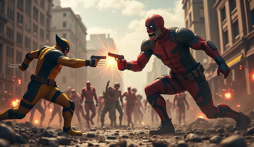 Wolverine and Deadpool are fighting against a zombie horde in a ruined city. Deadpool is shooting zombies with dual pistols while Wolverine is using his sonic powers to attack a giant zombie. Action movie style