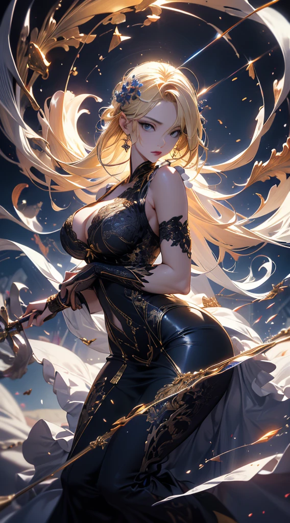 masterpiece, high quality, 4K, Beautiful design, silhouette，blonde， 非常に詳細な夜のStarry Sky,Flower Field， wonderful, Finer details,  Very knowledgeable woman, Highly detailed solo, 1 female,Big Breasts，Tight Dress，Night view，Starry Sky，full moon，