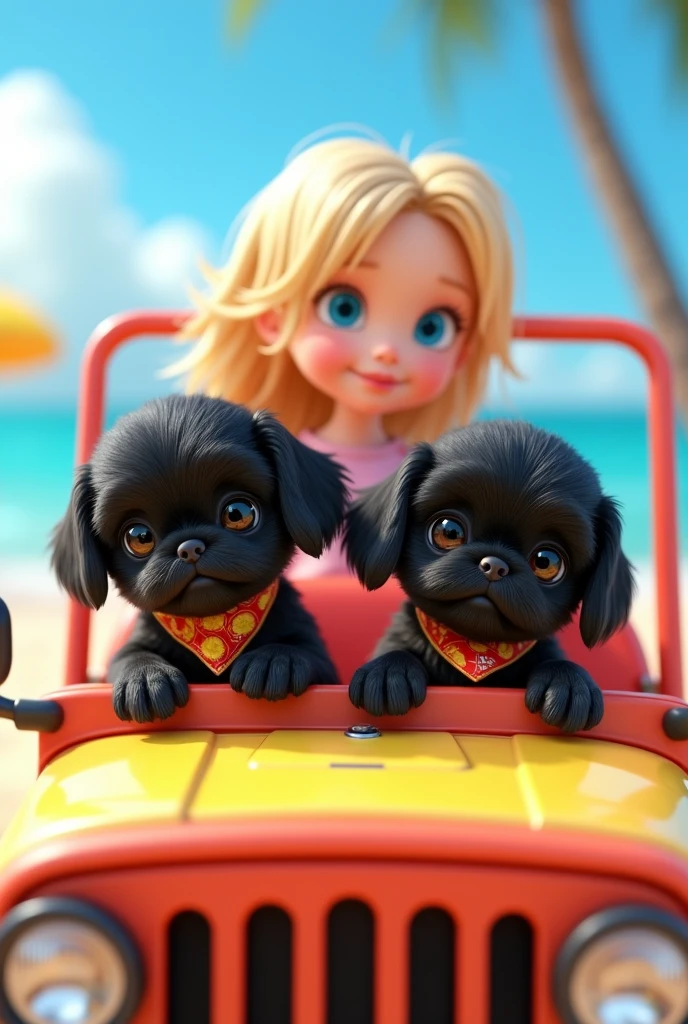 2 adorable black shih tzu puppies,cute blonde girl,extremely detailed,big blue eyes,colorful collar and bandana,driving beach jeep,3D Pixar style,beach scene,photorealistic,(best quality,8k,highres,masterpiece:1.2),ultra-detailed,(realistic:1.37),HDR,vivid colors,studio lighting