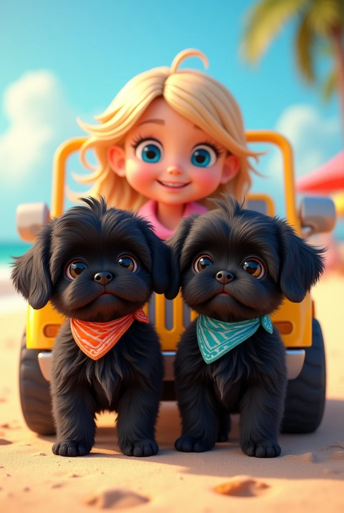 2 adorable black shih tzu puppies,cute blonde girl,extremely detailed,big blue eyes,colorful collar and bandana,driving beach jeep,3D Pixar style,beach scene,photorealistic,(best quality,8k,highres,masterpiece:1.2),ultra-detailed,(realistic:1.37),HDR,vivid colors,studio lighting
