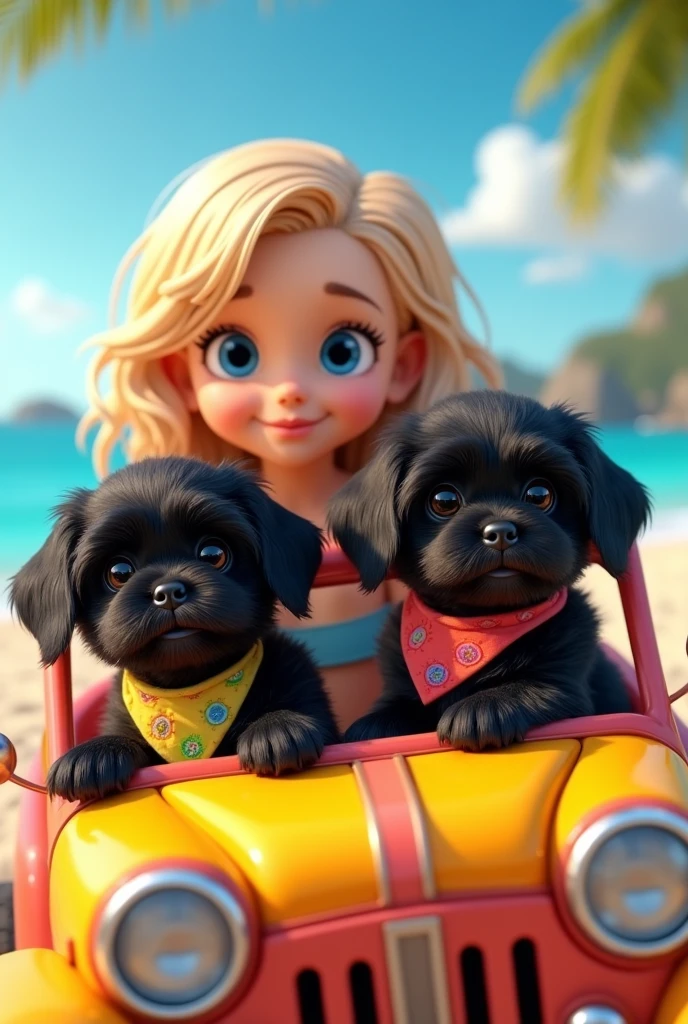 2 adorable black shih tzu puppies,cute blonde girl,extremely detailed,big blue eyes,colorful collar and bandana,driving beach jeep,3D Pixar style,beach scene,photorealistic,(best quality,8k,highres,masterpiece:1.2),ultra-detailed,(realistic:1.37),HDR,vivid colors,studio lighting