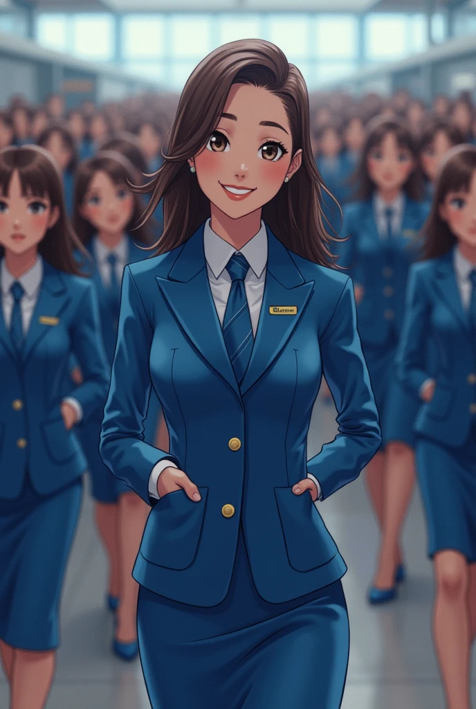 {{Mature female, caucasian}}, looking at viewer, hazel eyes, extremely detailed, medium breasts, brown hair, airport, flight attendant, uniform, blue blazer, blue necktie, blue skirt, medium skirt, pencil skirt, blue high heels, happy, best quality, high quality, extremely detailed anime screencap, {{{{crowded, multiple girls, thousands of sisters, millions of sisters,billions of sisters, clone, doppelganger, matching outfit, matching hairstyle}}}}, full body