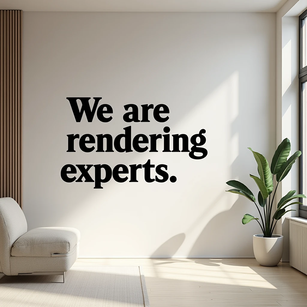 Imagine an interior design post that has letters that say: We are rendering experts - Get a quote with us 