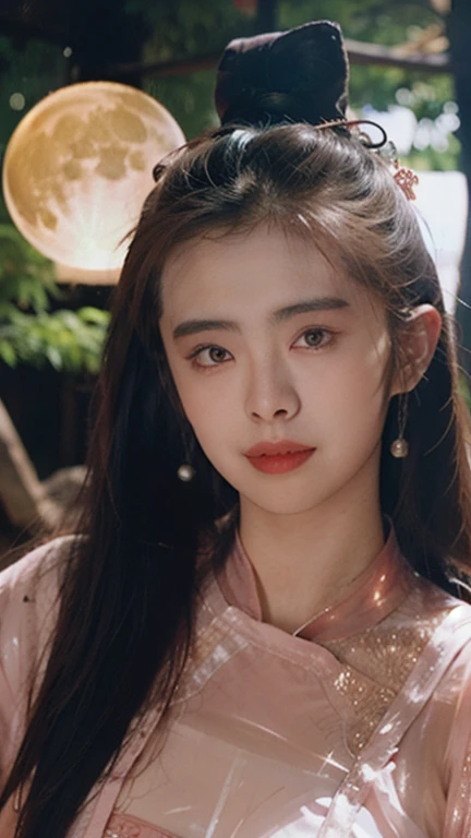 Nie Xiaoqian,Huan Su Xian, BG_picture,Wear ancient Chinese clothes (Translucent, Sparkling Pink Outfit:1.4), hair bun,alone,1 woman,long hair,angel,realistic,Chinese clothes,Hanfu,hair bun,lips,parted lips,look at the audience.,upper body(The backdrop is ancient China amidst a demon forest.:1.2),(Standing in the crimson glow of a full moon.:1.3),, เห็นตัวเธอด้านหน้าทั้งตัวbest quality , Masterpiece, illustration, Very delicate and beautiful, มีรายvery detailed ,CG,unity,8K wallpaper, Marvelous, exquisite details, Masterpiece, best quality,official art,มีรายvery detailed CG unity 8K wallpaper,nonsense, incredibly nonsense, Big file size , very detailed, height, มีรายvery detailed,Beautiful girl with details, มีรายvery detailed eyes and face, Beautifully detailed eyes,light on face,
