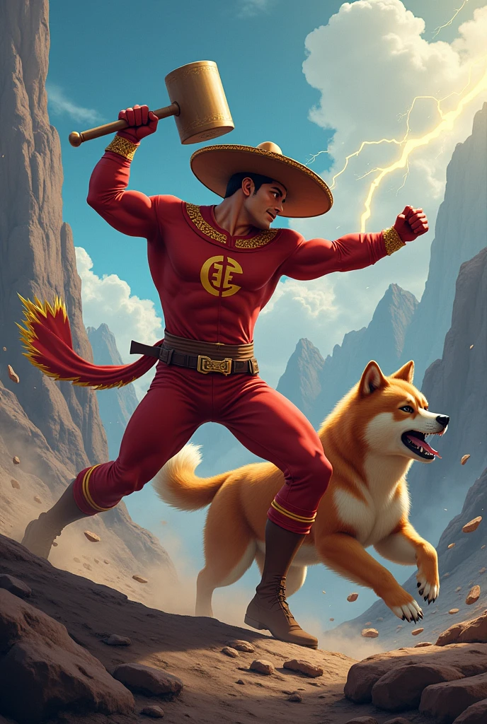Generate an image of Chapolin with his hammer defeating a bear in a battle, with a Shiba Inu dog in a high trend winning against bears in the cryptocurrency market