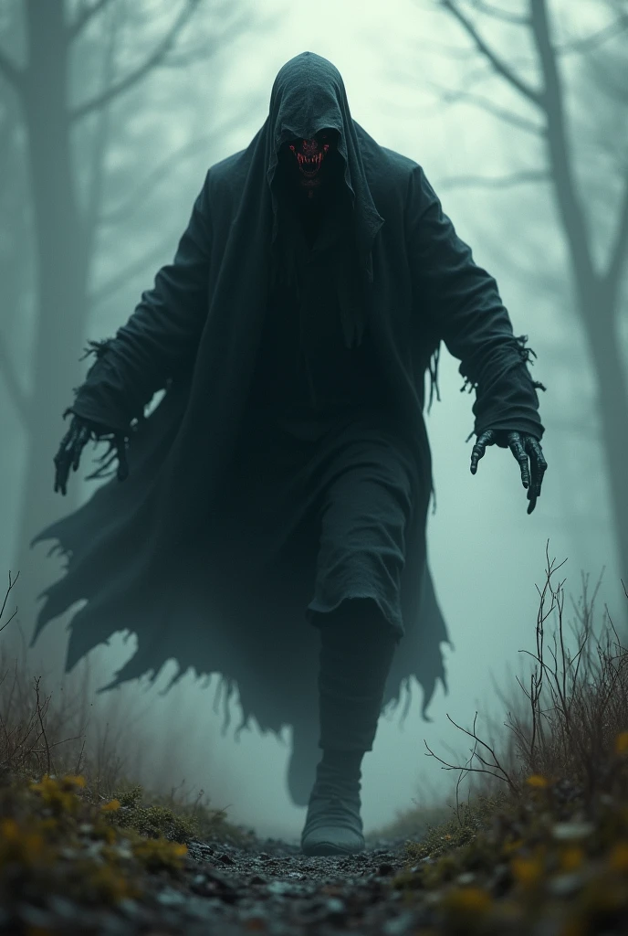 Le diable en noir qui court derrière une dans la matinée