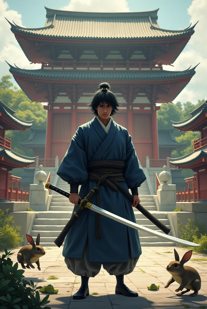 A samurai with a Japanese sword in front of a large temple。
Hair is black。
There is a torii gate at the temple.、There is a temple in the center。Frogs and rabbits from the Choju Jinbutsu Giga paintings are dancing around the warrior.。