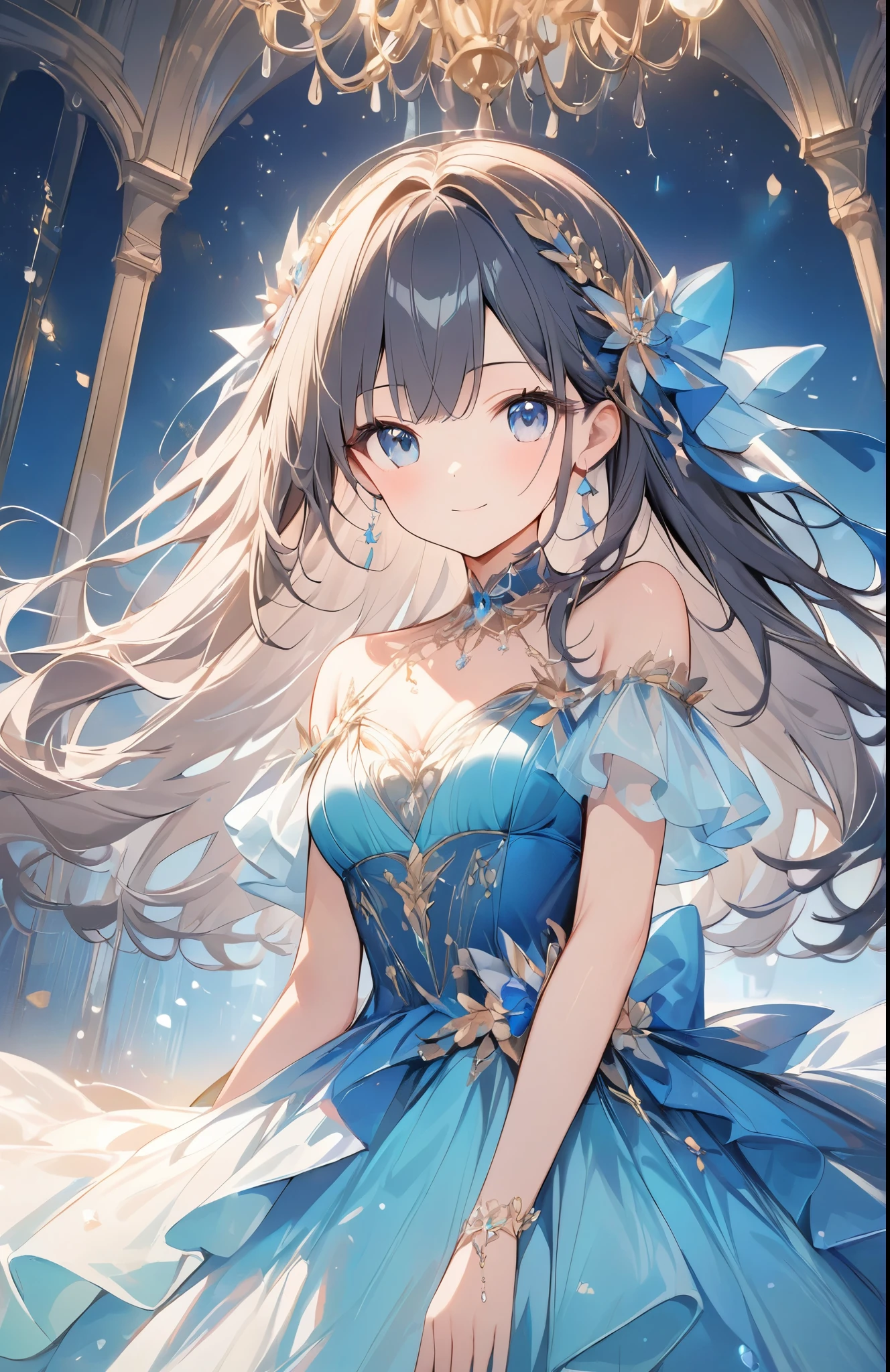 ((Amazingly absurd)),超High resolution, Attention to detail, high quality, High resolution, 最high quality, 4K, 8k,close-up,Cute girl、Night Ball、A princess who dances、((Beautiful dress))、chandelier、Glowing lighting,(Sparkling particles),(Deep blue dress)